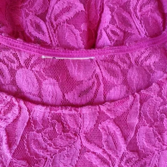 Free People Bright Pink Double Mini Dress with Detachable Lace Outer Dress No Sz - Picture 9 of 11